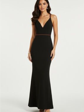 Lulu's Black V-Neck Evening Gown with Subtle Red Trim